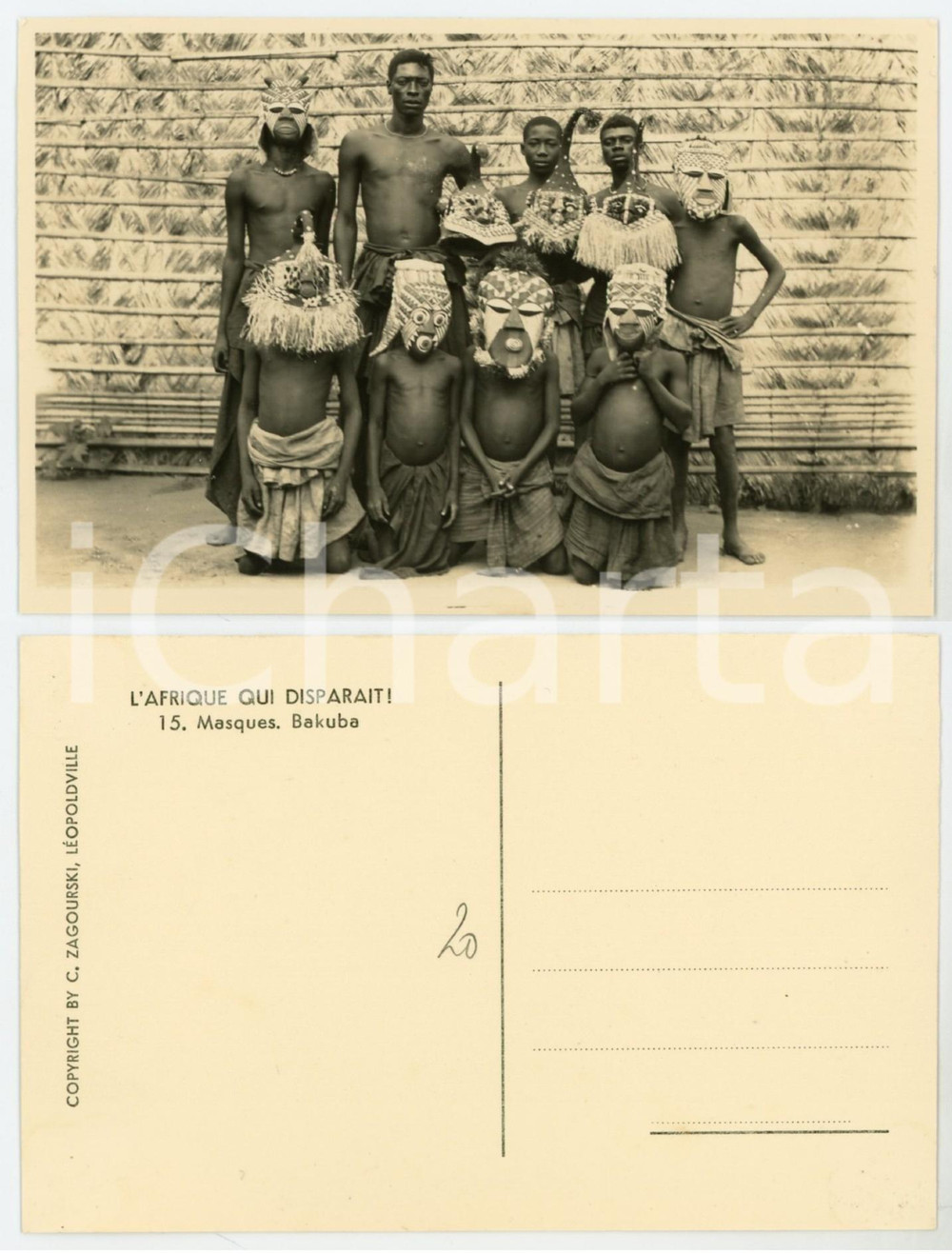 1930 ca C. ZAGOURSKI «L'Afrique qui disparaît» - Masques Bakuba *Carte postale  Fotocartolina postale d'epoca, appartenente alla serie &laquo;L'Afrique qui dispara&icirc;t&raquo; del fotografo Casimir Zagourski (L&eacute;opoldville).Non viaggiata.CONDIZIONI: GFORMATO: 14x9 cm    originale e autentica 1