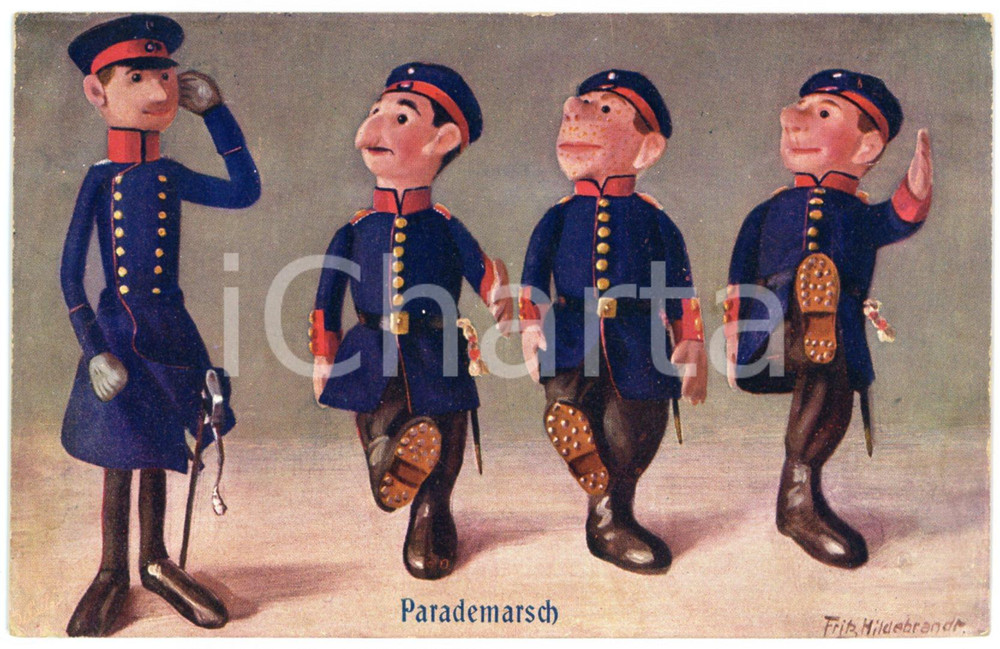 1911 Artist Fritz HILDEBRAND Soldatenpuppen - Parademarsch - Postkarte  Cartolina postale d'epoca, viaggiata. FAIR/discreto Smussature agli angoli Formato: FP originale e autentica 1