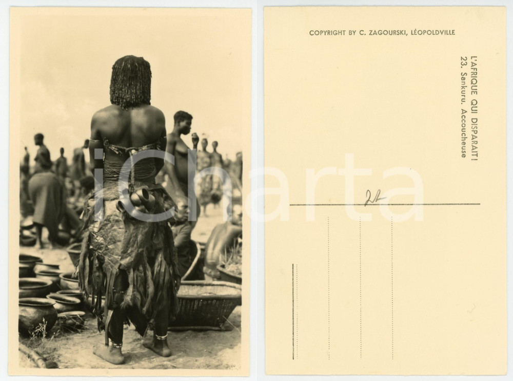 1930 ca C. ZAGOURSKI «L'Afrique qui disparaît» Sankuru - Accoucheuse *Postcard  Fotocartolina postale d'epoca, appartenente alla serie &laquo;L'Afrique qui dispara&icirc;t&raquo; del fotografo Casimir Zagourski (L&eacute;opoldville).Non viaggiata.CONDIZIONI: GFORMATO: 9x14 cm    originale e autentica 1