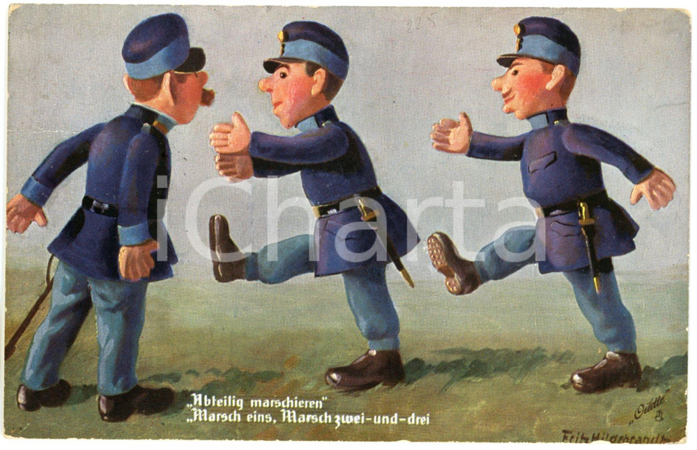 1911 Artist Fritz HILDEBRAND Soldatenpuppen - Abteilig marschieren - Postkarte  Cartolina postale d'epoca, viaggiata. POOR/danneggiato Smussature agli angoli, abrasione al verso causata dalla rimozione dell'affrancatura Formato: FP originale e autentica 1