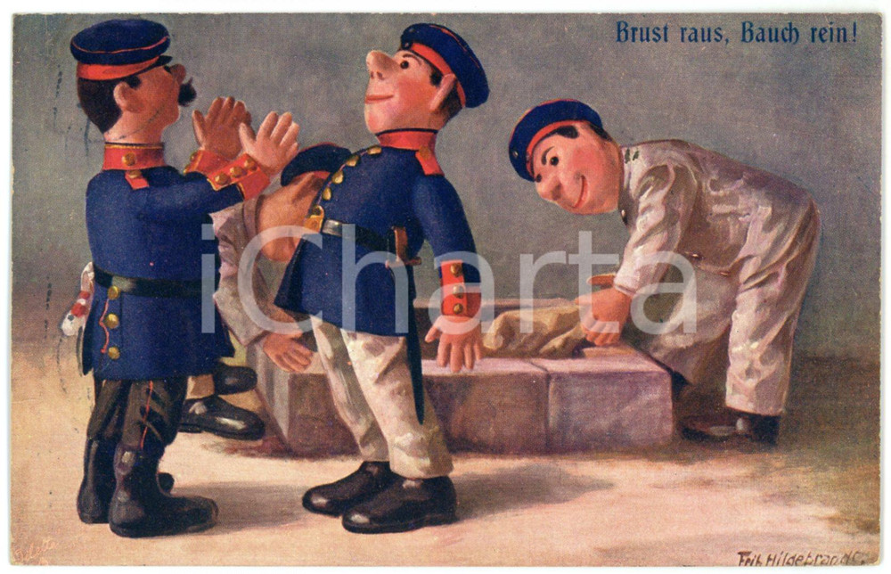 1911 Artist Fritz HILDEBRAND Soldatenpuppen - Brust raus, bauch rein - Postkarte  Cartolina postale d'epoca, viaggiata. POOR/danneggiato Smussature agli angoli, abrasione al verso causata dalla rimozione dell'affrancatura Formato: FP originale e autentica 1