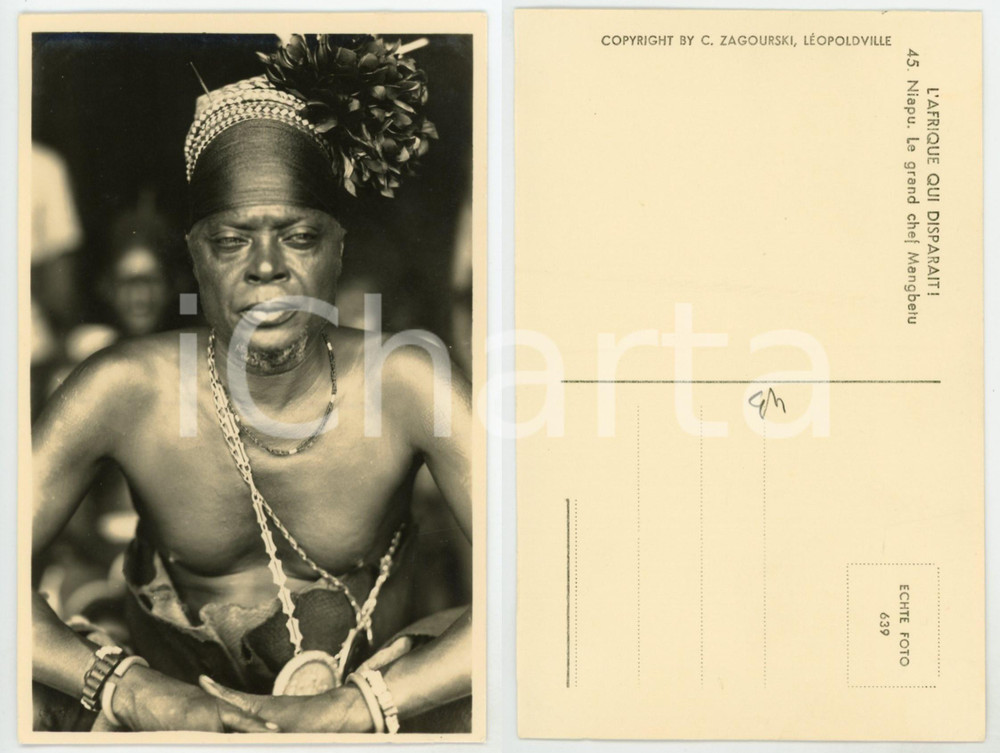 1930 C. ZAGOURSKI «L'Afrique qui disparaît» NIAPU - Grand chef MANGBETU Postcard  Fotocartolina postale d'epoca, appartenente alla serie &laquo;L'Afrique qui dispara&icirc;t&raquo; del fotografo Casimir Zagourski (L&eacute;opoldville).N&deg; 45, non viaggiata.CONDIZIONI: GFORMATO: 9x14 cm  originale e autentica 1