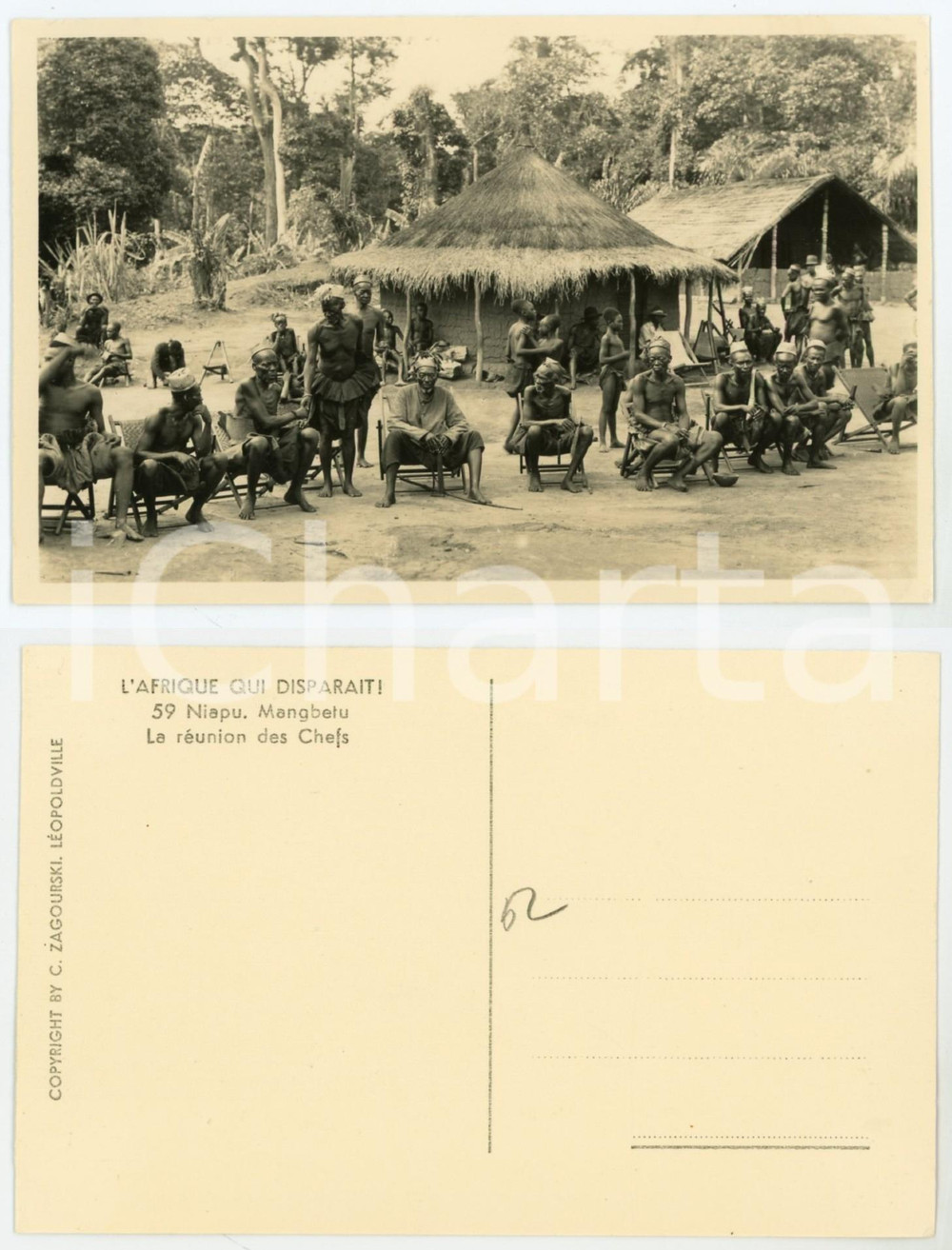 Cartolina originale da collezione 1930 C. ZAGOURSKI Â«L Afrique qui disparaÃ®tÂ» NIAPU  RÃ©union des chefs MANGBETU 1