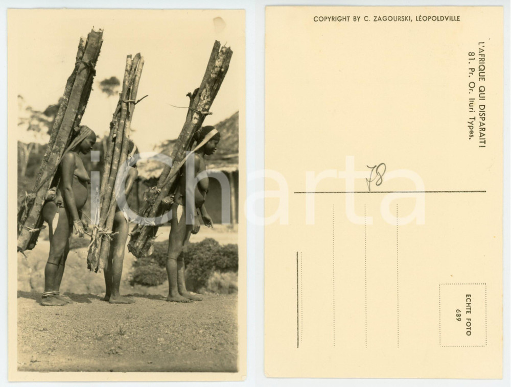 1930 ca C. ZAGOURSKI «L'Afrique qui disparaît» Pr. Or. ITURI types *Postcard  Fotocartolina postale d'epoca, appartenente alla serie &laquo;L'Afrique qui dispara&icirc;t&raquo; del fotografo Casimir Zagourski (L&eacute;opoldville).N&deg; 81, non viaggiata.CONDIZIONI: FAIR (lieve macchia al lato superiore)FORMATO: 9x14 cm    originale e autentica 1