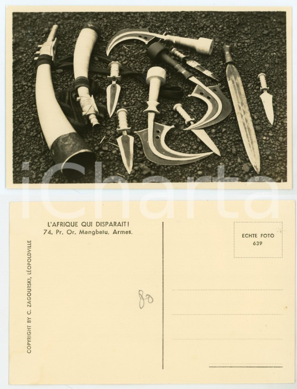 1930 C. ZAGOURSKI «L'Afrique qui disparaît» Pr. Or. MANGBETU - Armes *Postcard  Fotocartolina postale d'epoca, appartenente alla serie &laquo;L'Afrique qui dispara&icirc;t&raquo; del fotografo Casimir Zagourski (L&eacute;opoldville).N&deg; 74, non viaggiata.CONDIZIONI: G FORMATO: 14x9 cm    originale e autentica 1