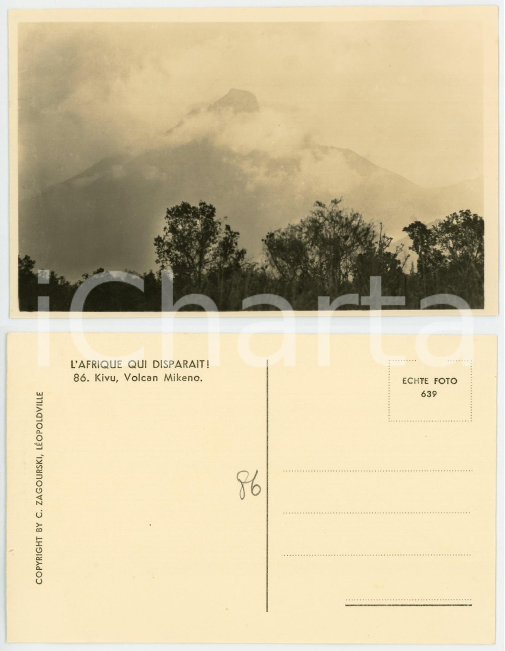1930 C. ZAGOURSKI «L'Afrique qui disparaît» KIVU - Volcan MIKENO - Postcard  Fotocartolina postale d'epoca, appartenente alla serie &laquo;L'Afrique qui dispara&icirc;t&raquo; del fotografo Casimir Zagourski (L&eacute;opoldville).Non viaggiata.CONDIZIONI: GFORMATO: 14x9 cm    originale e autentica 1
