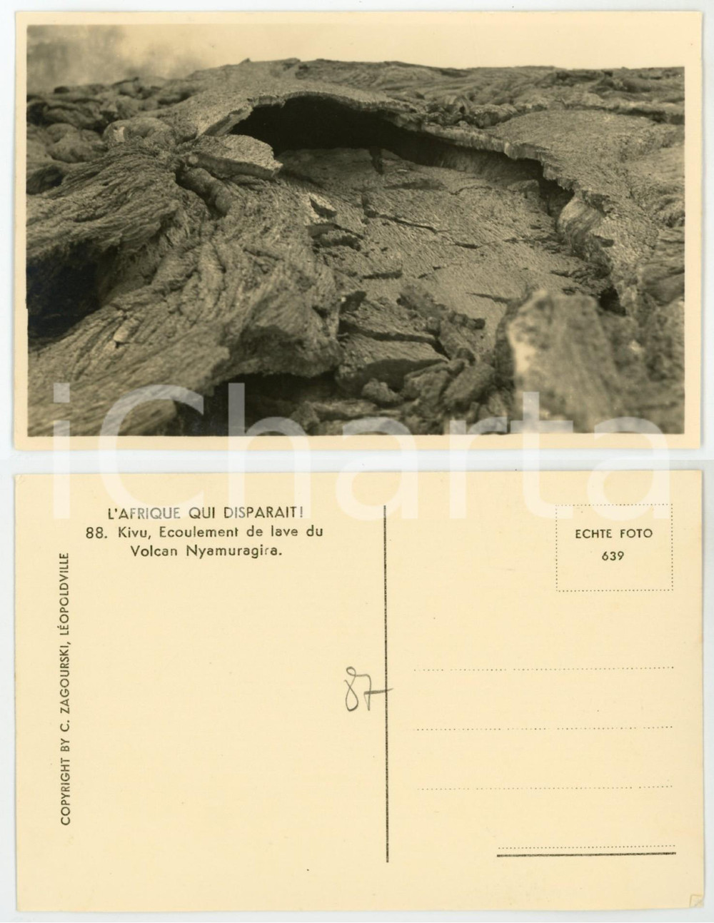1930 C. ZAGOURSKI «L'Afrique qui disparaît» KIVU - Lave Volcan NYAMURAGIRA  Fotocartolina postale d'epoca, appartenente alla serie &laquo;L'Afrique qui dispara&icirc;t&raquo; del fotografo Casimir Zagourski (L&eacute;opoldville).Non viaggiata.CONDIZIONI: GFORMATO: 14x9 cm    originale e autentica 1