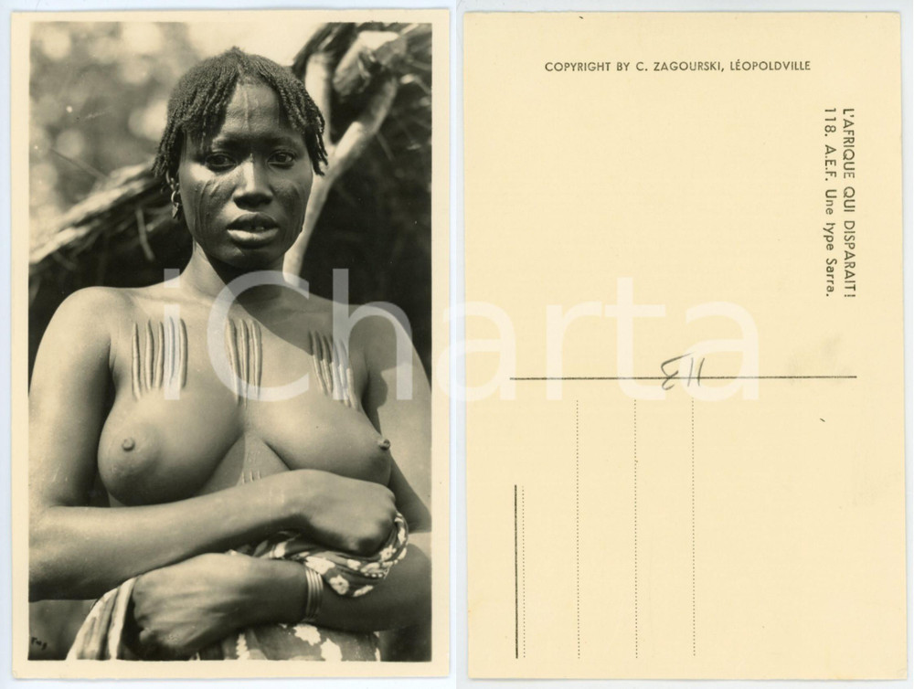 1930 ca C. ZAGOURSKI «L'Afrique qui disparaît»  A.E.F. Type SARRA - Femme  Fotocartolina postale d'epoca, appartenente alla serie &laquo;L'Afrique qui dispara&icirc;t&raquo; del fotografo Casimir Zagourski (L&eacute;opoldville).Non viaggiata.CONDIZIONI: GFORMATO: 9x14 cm    originale e autentica 1