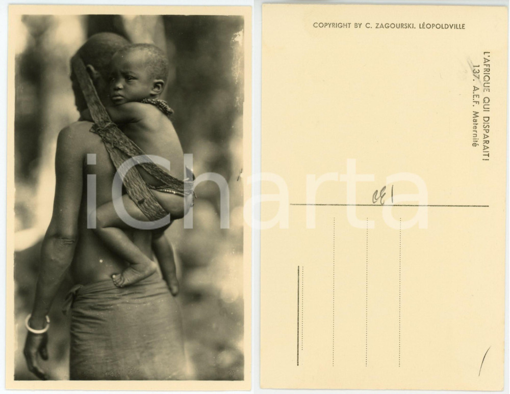 1930 ca C. ZAGOURSKI «L'Afrique qui disparaît»  A.E.F. - Maternité - Postcard 137  Fotocartolina postale d'epoca, appartenente alla serie &laquo;L'Afrique qui dispara&icirc;t&raquo; del fotografo Casimir Zagourski (L&eacute;opoldville).N&deg; 137, non viaggiata.CONDIZIONI: G FORMATO: 9x14 cm    originale e autentica 1