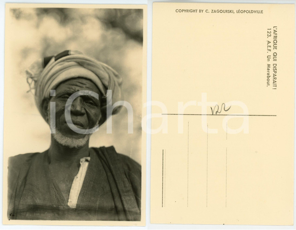 1930 ca C. ZAGOURSKI «L'Afrique qui disparaît»  A.E.F. - Un Marabout *Postcard  Fotocartolina postale d'epoca, appartenente alla serie &laquo;L'Afrique qui dispara&icirc;t&raquo; del fotografo Casimir Zagourski (L&eacute;opoldville).N&deg; 123, non viaggiata.CONDIZIONI: POOR (piegatura al lato sinistro)FORMATO: 9x14 cm     originale e autentica 1