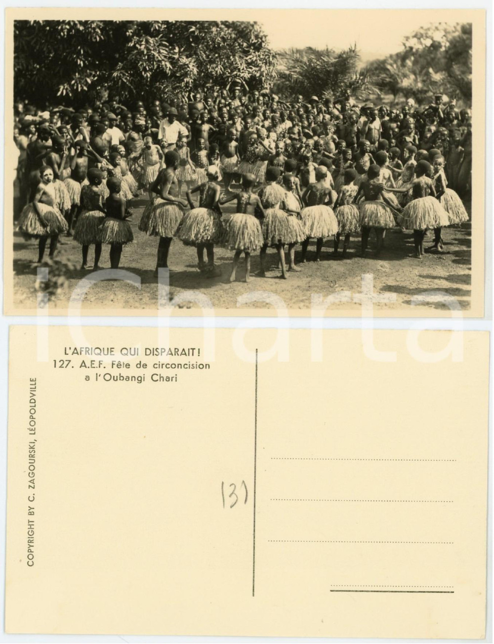 1930 ZAGOURSKI «L'Afrique qui disparaît» Fête circoncision - OUBANGI CHARI n.127  Fotocartolina postale d'epoca, appartenente alla serie &laquo;L'Afrique qui dispara&icirc;t&raquo; del fotografo Casimir Zagourski (L&eacute;opoldville).N&deg; 127, non viaggiata.CONDIZIONI: G FORMATO: 14x9 cm    originale e autentica 1