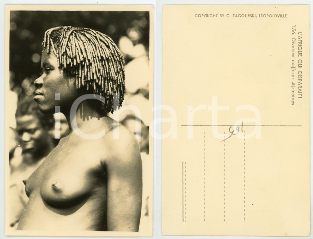 1930 ca C. ZAGOURSKI «L'Afrique qui disparaît»  Coiffures africaines - n° 156  Fotocartolina postale d'epoca, appartenente alla serie &laquo;L'Afrique qui dispara&icirc;t&raquo; del fotografo Casimir Zagourski (L&eacute;opoldville).N&deg; 156, non viaggiata.CONDIZIONI: G FORMATO: 9x14 cm    originale e autentica 1