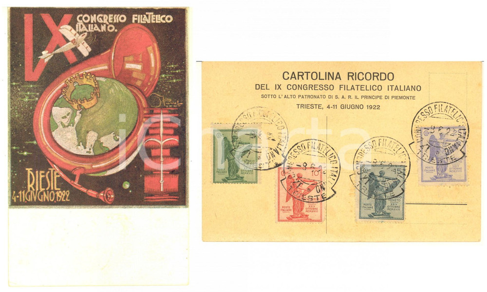 1922 TRIESTE IX Congresso Filatelico Italiano - Cartolina ricordo annulli RARA  Rara cartolina postale d'epoca, commemorativa del IX Congresso Filatelico Italiano di Trieste.Al verso serie di 4 francobolli, annullata con il cachet speciale della manifestazione.  CONDIZIONI: GFORMATO: FP    originale e autentica 1