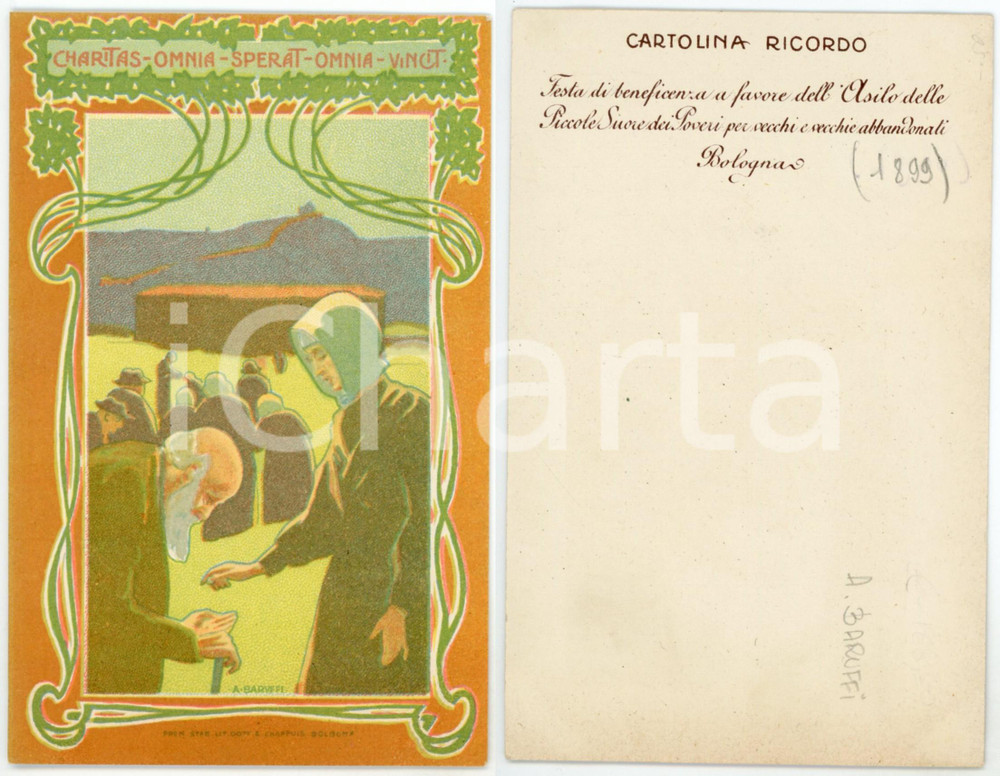1899 BOLOGNA Festa pro asilo Piccole Suore dei Poveri - Cartolina ill. BARUFFI  Cartolina postale d'epoca, commemorativa della festa di beneficenza per l'Asilo delle Piccole Suore dei Poveri per vecchi e vecchie abbandonati di Bologna.  Illustratore Alfredo Baruffi.Non viaggiata.CONDIZIONI: GFORMATO: FP    originale e autentica 1
