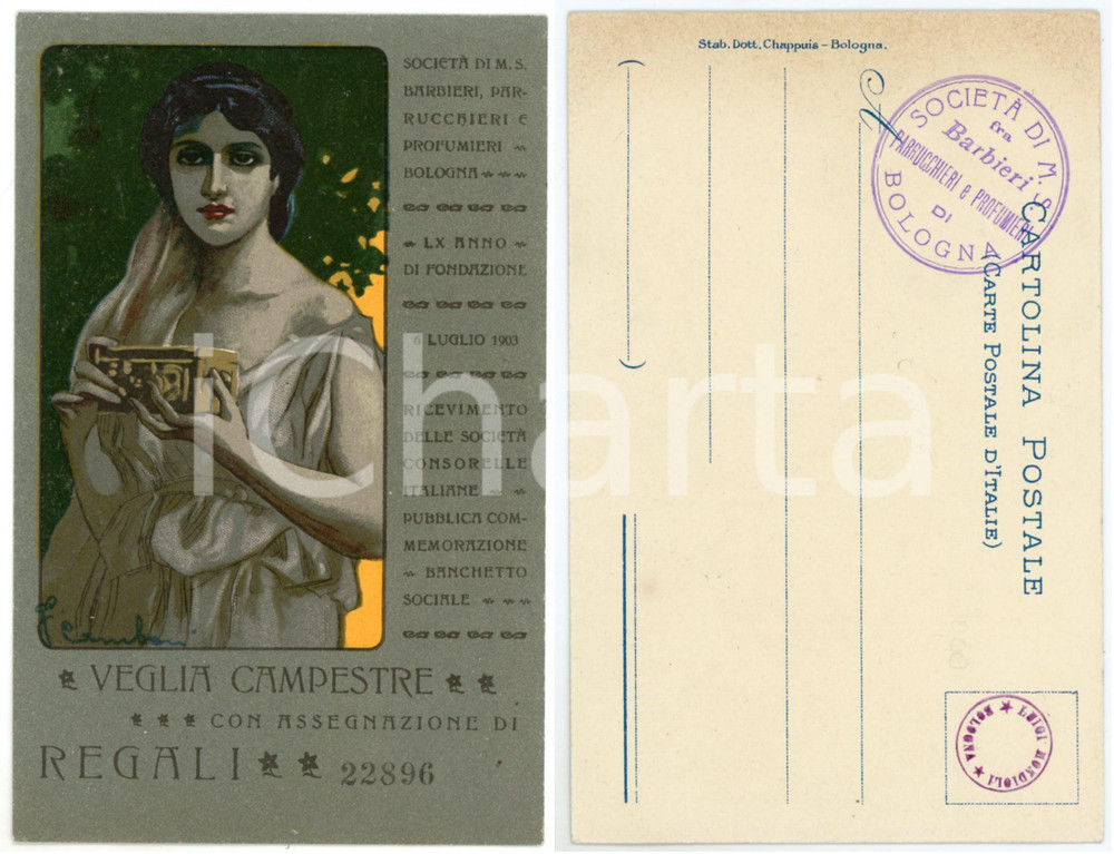 1903 BOLOGNA Società Barbieri, Parrucchieri, Profumieri - Cartolina CAMBONI RARA  Rara cartolina postale d'epoca, commemorativa della Veglia Campestre del 6 luglio 1903 della Societ&agrave; di Mutuo Soccorso Barbieri, Parrucchieri e Profumieri di Bologna.  Numerata 22896 per l'estrazione a premi. Illustratore F. Camboni.Presente al retro timbro della Societ&agrave;.Non viaggiata.EDITORE: Stab. Dott. Chappuis - BolognaCONDIZIONI: GFORMATO: FP    originale e autentica 1