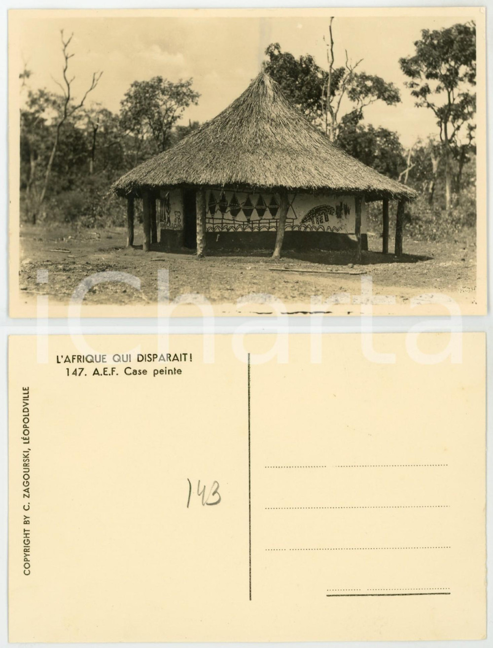 1930 ca C. ZAGOURSKI «L'Afrique qui disparaît»  A.E.F. Case peinte - Postcard  Fotocartolina postale d'epoca, appartenente alla serie &laquo;L'Afrique qui dispara&icirc;t&raquo; del fotografo Casimir Zagourski (L&eacute;opoldville).N&deg; 147, non viaggiata.CONDIZIONI: G FORMATO: 14x9 cm    originale e autentica 1
