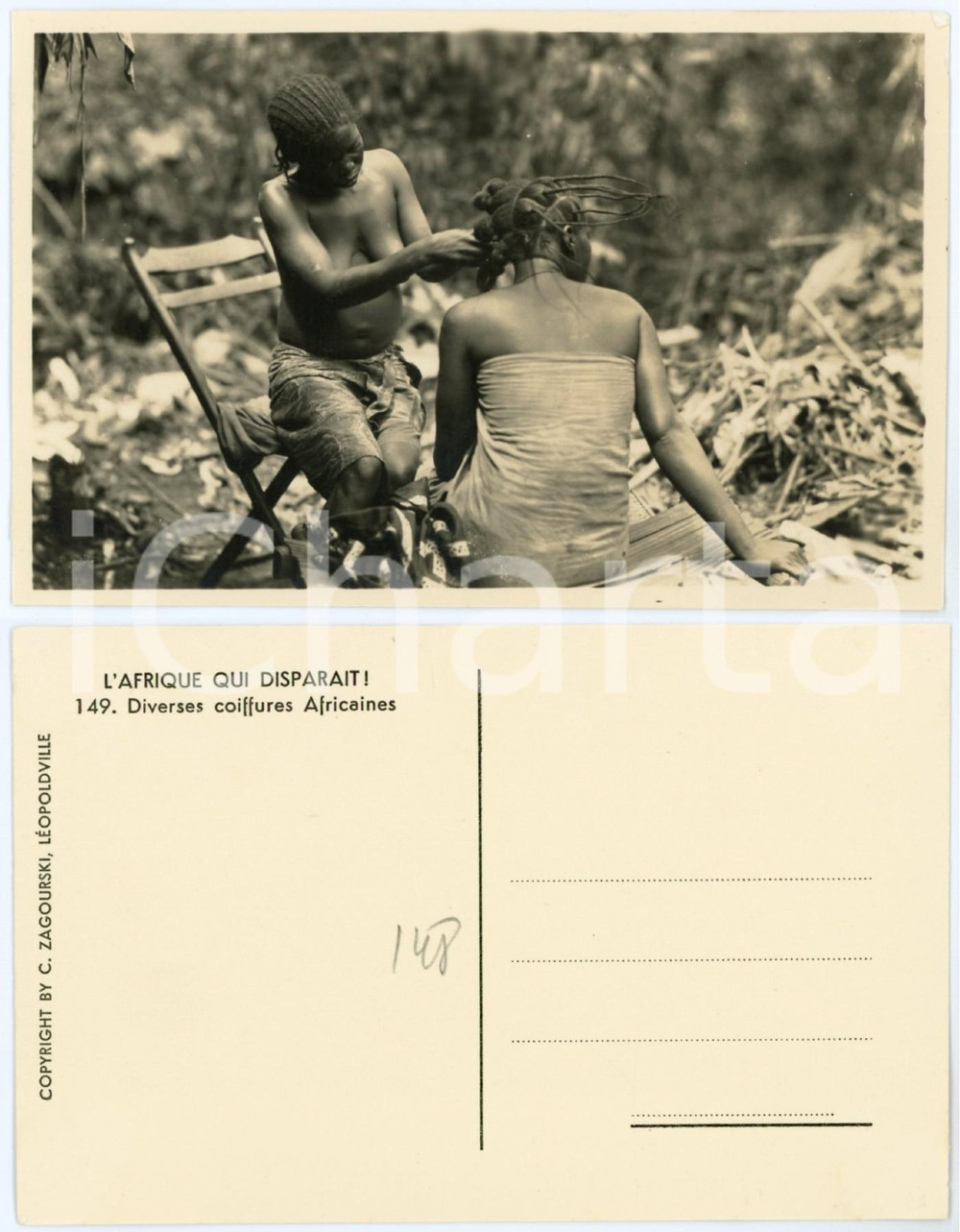 1930 ca C. ZAGOURSKI «L'Afrique qui disparaît»  Coiffures africaines - n° 149  Fotocartolina postale d'epoca, appartenente alla serie &laquo;L'Afrique qui dispara&icirc;t&raquo; del fotografo Casimir Zagourski (L&eacute;opoldville).N&deg; 149, non viaggiata.CONDIZIONI: G FORMATO: 14x9 cm  originale e autentica 1