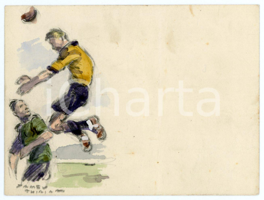 1930 ca BRUXELLES James THIRIAR - Football scene (14) Signed watercolour 11x8 cm  Acquerello su carta, opera originale dell'artista belga James Thiriar, a tema calcistico.Firmato al margine inferiore.CONDIZIONI: GFORMATO: 11x8 cm    originale e autentica 1