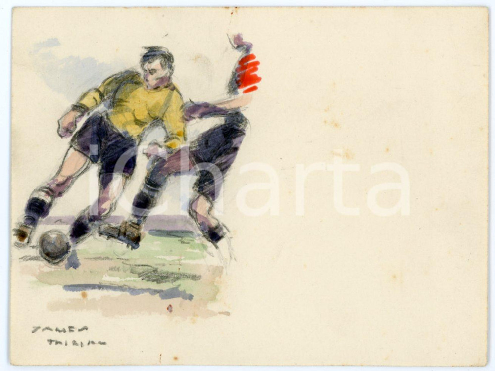 1930 ca BRUXELLES James THIRIAR - Football scene (15) Signed watercolour 11x8 cm  Acquerello su carta, opera originale dell'artista belga James Thiriar, a tema calcistico.Firmato al margine inferiore.CONDIZIONI: GFORMATO: 11x8 cm    originale e autentica 1