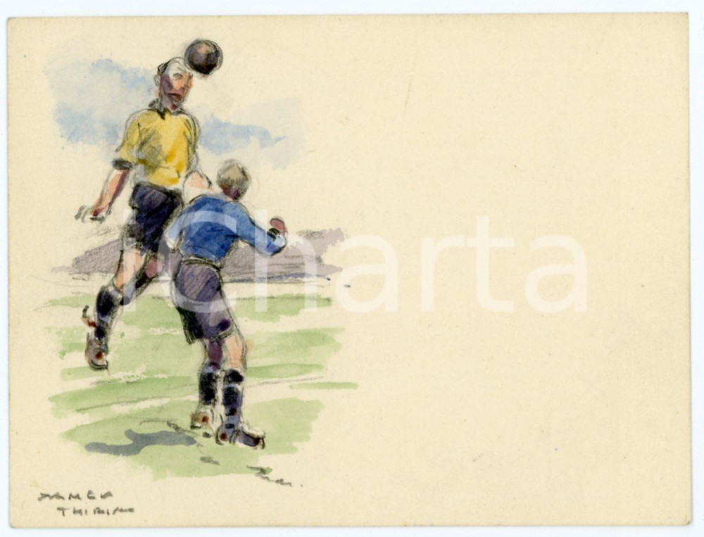 1930 ca BRUXELLES James THIRIAR - Football scene (16) Signed watercolour 11x8 cm  Acquerello su carta, opera originale dell'artista belga James Thiriar, a tema calcistico.Firmato al margine inferiore.CONDIZIONI: GFORMATO: 11x8 cm    originale e autentica 1