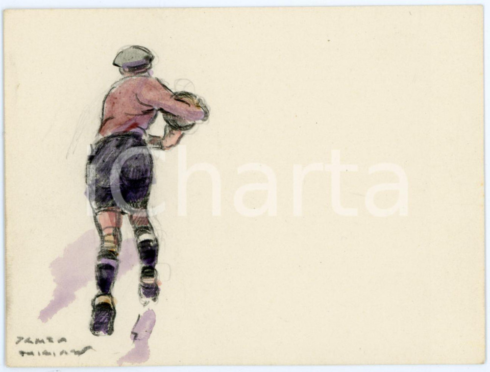 1930 ca BRUXELLES James THIRIAR - Football scene (17) Signed watercolour 11x8 cm  Acquerello su carta, opera originale dell'artista belga James Thiriar, a tema calcistico.Firmato al margine inferiore.CONDIZIONI: GFORMATO: 11x8 cm    originale e autentica 1