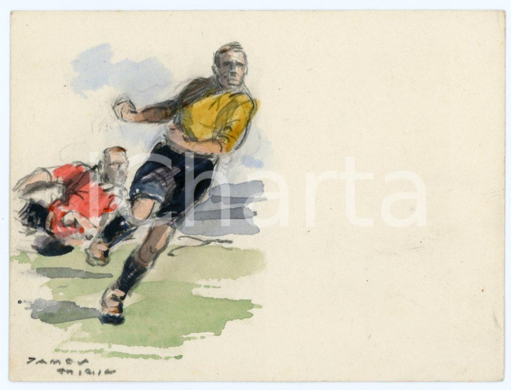 1930 ca BRUXELLES James THIRIAR - Football scene (4) Signed watercolour 11x8 cm  Acquerello su carta, opera originale dell'artista belga James Thiriar, a tema calcistico.Firmato al margine inferiore.CONDIZIONI: GFORMATO: 11x8 cm    originale e autentica 1