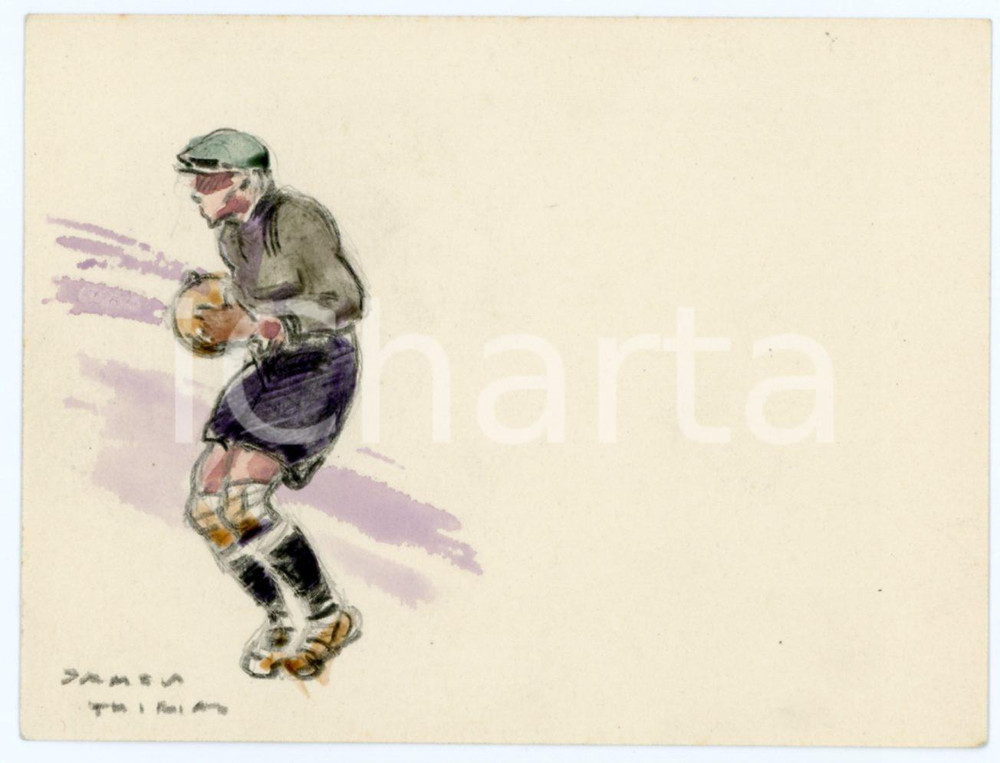 1930 ca BRUXELLES James THIRIAR - Football scene (20) Signed watercolour 11x8 cm  Acquerello su carta, opera originale dell'artista belga James Thiriar, a tema calcistico.Firmato al margine inferiore.CONDIZIONI: GFORMATO: 11x8 cm    originale e autentica 1