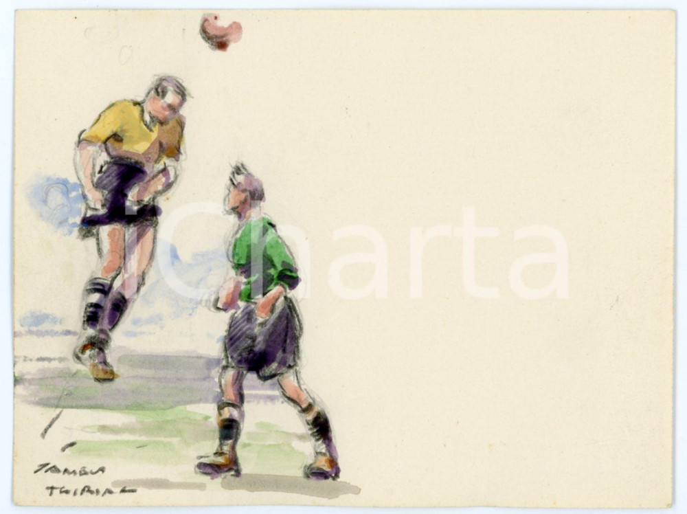 1930 ca BRUXELLES James THIRIAR - Football scene (8) Signed watercolour 11x8 cm  Acquerello su carta, opera originale dell'artista belga James Thiriar, a tema calcistico.Firmato al margine inferiore.CONDIZIONI: GFORMATO: 11x8 cm    originale e autentica 1