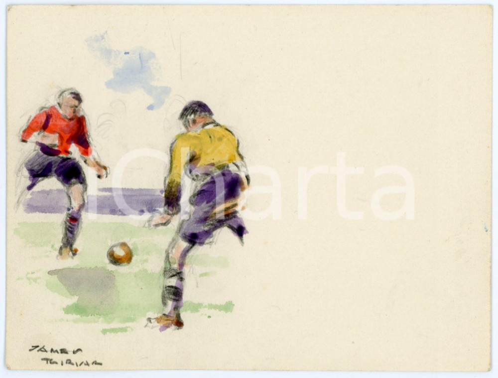1930 ca BRUXELLES James THIRIAR - Football scene (9) Signed watercolour 11x8 cm  Acquerello su carta, opera originale dell'artista belga James Thiriar, a tema calcistico.Firmato al margine inferiore.CONDIZIONI: GFORMATO: 11x8 cm    originale e autentica 1