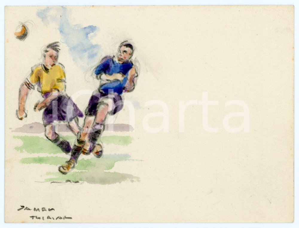 1930 ca BRUXELLES James THIRIAR - Football scene (12) Signed watercolour 11x8 cm  Acquerello su carta, opera originale dell'artista belga James Thiriar, a tema calcistico.Firmato al margine inferiore.CONDIZIONI: GFORMATO: 11x8 cm    originale e autentica 1