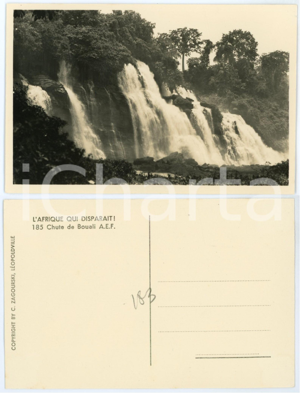 1930 ca C. ZAGOURSKI «L'Afrique qui disparaît» Chute de BOUALI A.E.F. *Postcard  Fotocartolina postale d'epoca, appartenente alla serie &laquo;L'Afrique qui dispara&icirc;t&raquo; del fotografo Casimir Zagourski (L&eacute;opoldville).N&deg; 185, non viaggiata.CONDIZIONI: G FORMATO: 14x9 cm    originale e autentica 1