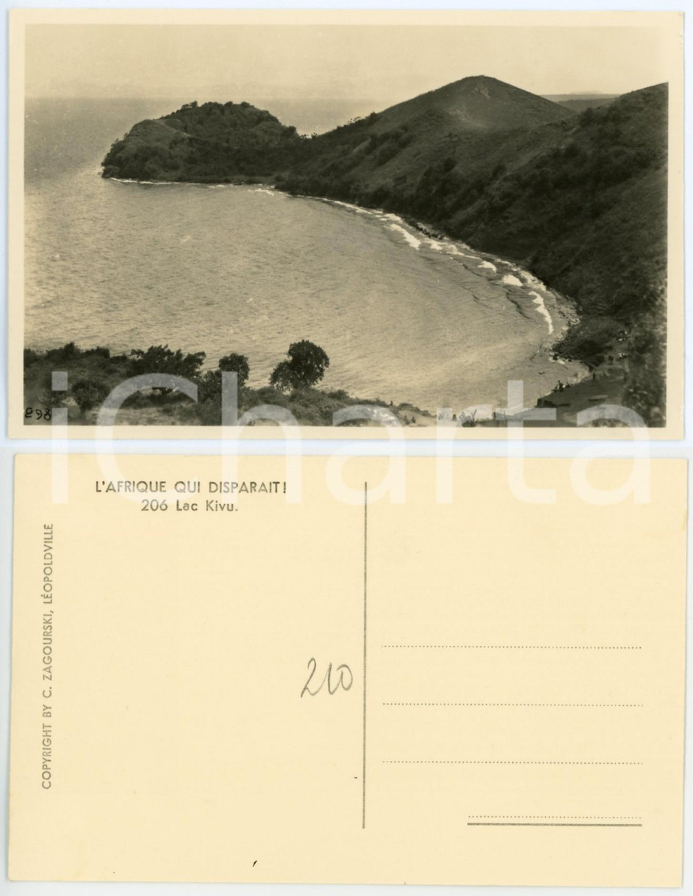 1930 ca C. ZAGOURSKI «L'Afrique qui disparaît» Lac KIVU - Postcard n.206  Fotocartolina postale d'epoca, appartenente alla serie &laquo;L'Afrique qui dispara&icirc;t&raquo; del fotografo Casimir Zagourski (L&eacute;opoldville).N&deg; 206, non viaggiata.CONDIZIONI: GFORMATO: 14x9 cm    originale e autentica 1