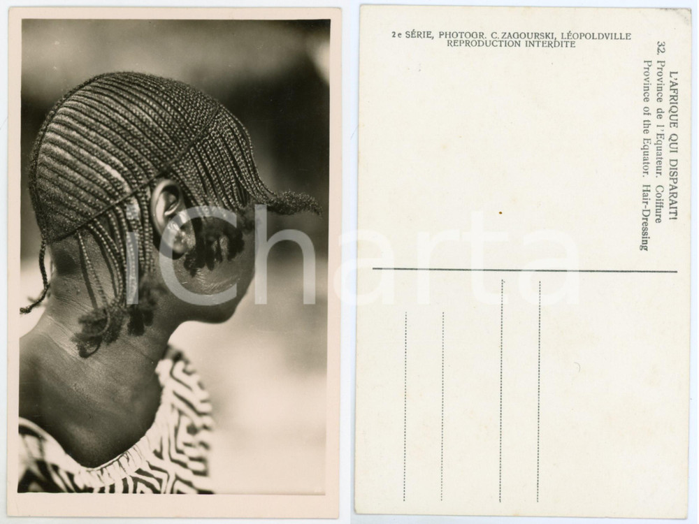 1930 C. ZAGOURSKI «L'Afrique qui disparaît» Equateur - Coiffure - Postcard n.32  Fotocartolina postale d'epoca, appartenente alla 2^ serie &laquo;L'Afrique qui dispara&icirc;t&raquo; del fotografo Casimir Zagourski (L&eacute;opoldville).N&deg; 32, non viaggiata.CONDIZIONI: G FORMATO: 9x14 cm     originale e autentica 1