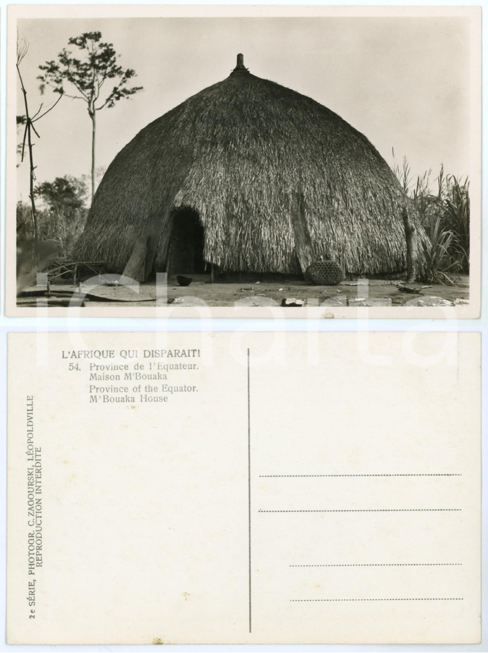 1930 ca C. ZAGOURSKI «L'Afrique qui disparaît»  Maison M'BOUAKA *Postcard n.54  Fotocartolina postale d'epoca, appartenente alla 2^ serie &laquo;L'Afrique qui dispara&icirc;t&raquo; del fotografo Casimir Zagourski (L&eacute;opoldville).N&deg; 54, non viaggiata.CONDIZIONI: GFORMATO: 14x9 cm    originale e autentica 1