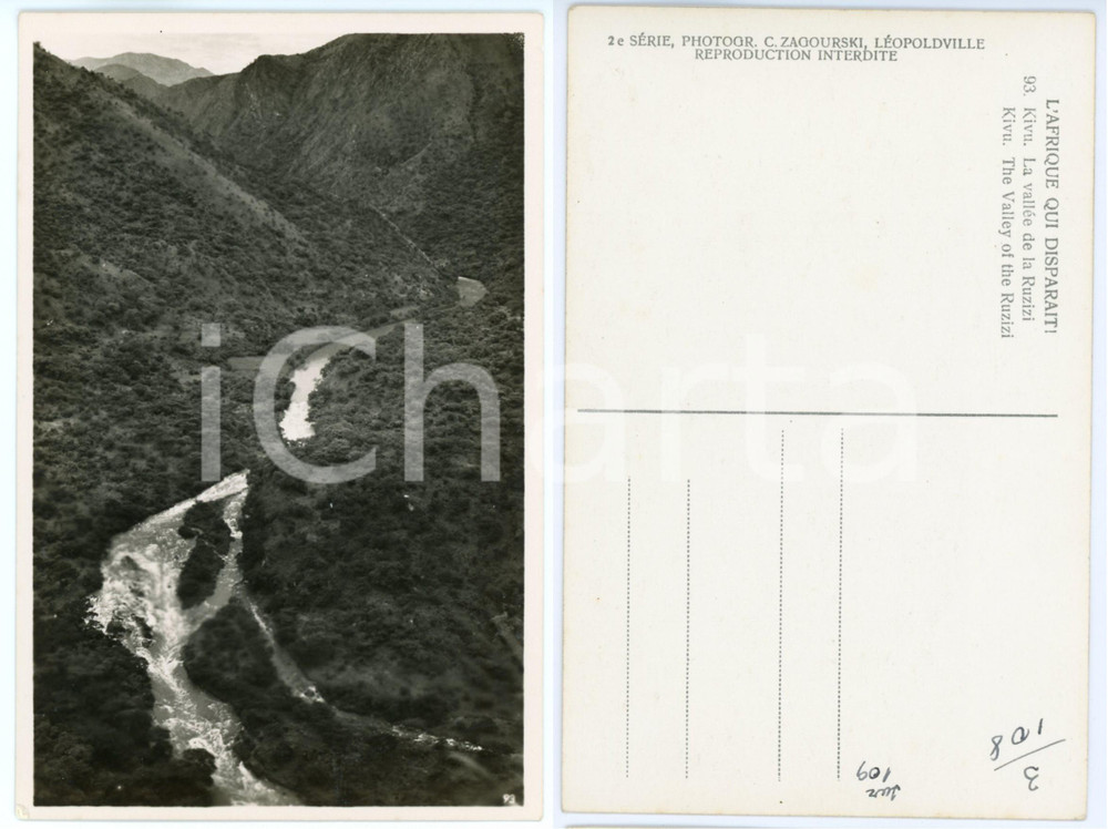 1930 ca C. ZAGOURSKI «L'Afrique qui disparaît» KIVU - Vallée de la RUZIZI n.93  Fotocartolina postale d'epoca, appartenente alla 2^serie &laquo;L'Afrique qui dispara&icirc;t&raquo; del fotografo Casimir Zagourski (L&eacute;opoldville).N&deg; 93, non viaggiata.CONDIZIONI: GFORMATO: 9x14 cm     originale e autentica 1