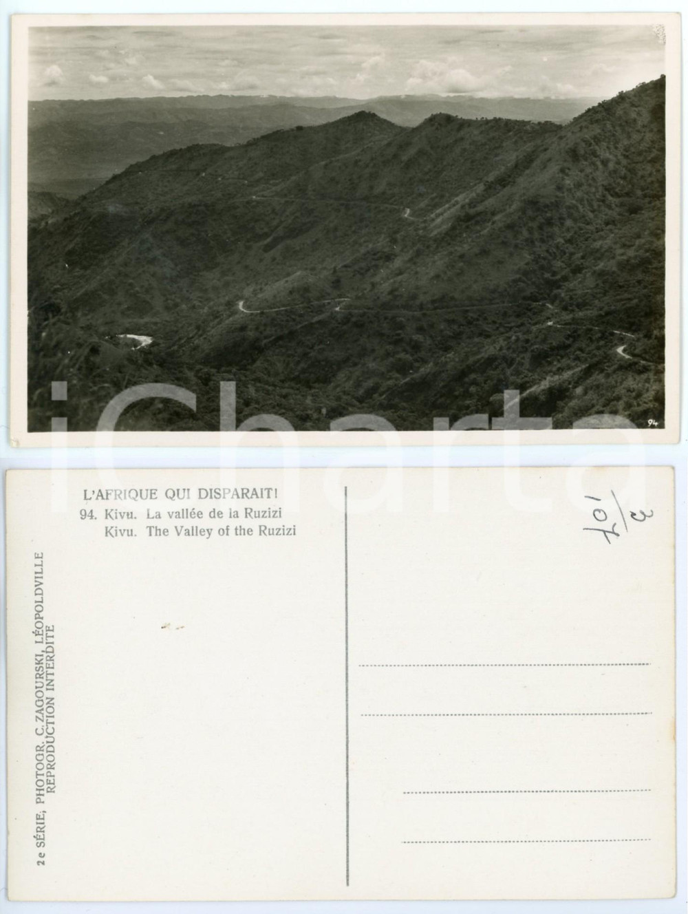 1930 ca C. ZAGOURSKI «L'Afrique qui disparaît» KIVU - Vallée de RUZIZI n°94  Fotocartolina postale d'epoca, appartenente alla 2^serie &laquo;L'Afrique qui dispara&icirc;t&raquo; del fotografo Casimir Zagourski (L&eacute;opoldville).N&deg; 94, non viaggiata.CONDIZIONI: GFORMATO: 14x9 cm     originale e autentica 1