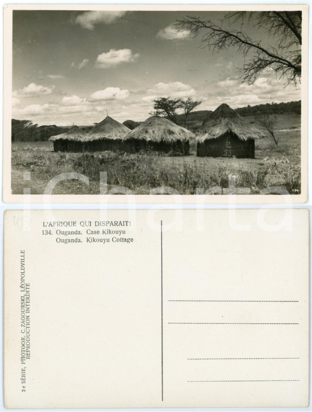 1930 C. ZAGOURSKI «L'Afrique qui disparaît»  OUGANDA Case KIKOUYU *Postcard 134  Fotocartolina postale d'epoca, appartenente alla 2^serie &laquo;L'Afrique qui dispara&icirc;t&raquo; del fotografo Casimir Zagourski (L&eacute;opoldville).N&deg;134, non viaggiata.CONDIZIONI: G FORMATO: 14x9 cm    originale e autentica 1