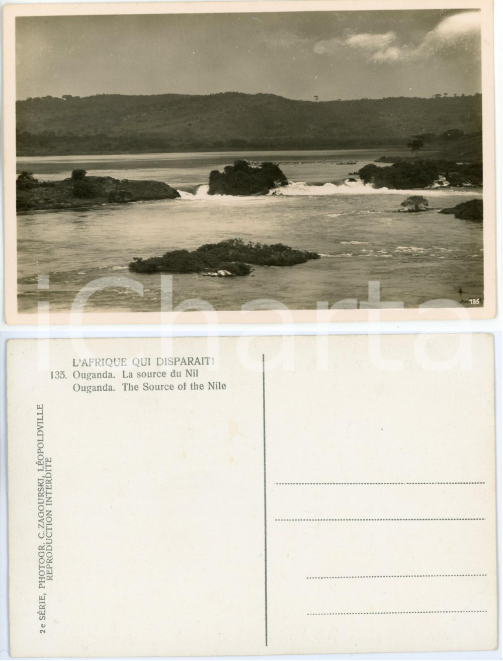 1930 C. ZAGOURSKI «L'Afrique qui disparaît» OUGANDA La source du Nil *Postcard  Fotocartolina postale d'epoca, appartenente alla 2^ serie &laquo;L'Afrique qui dispara&icirc;t&raquo; del fotografo Casimir Zagourski (L&eacute;opoldville).N&deg;135, non viaggiata.CONDIZIONI: GFORMATO: 14x9 cm    originale e autentica 1
