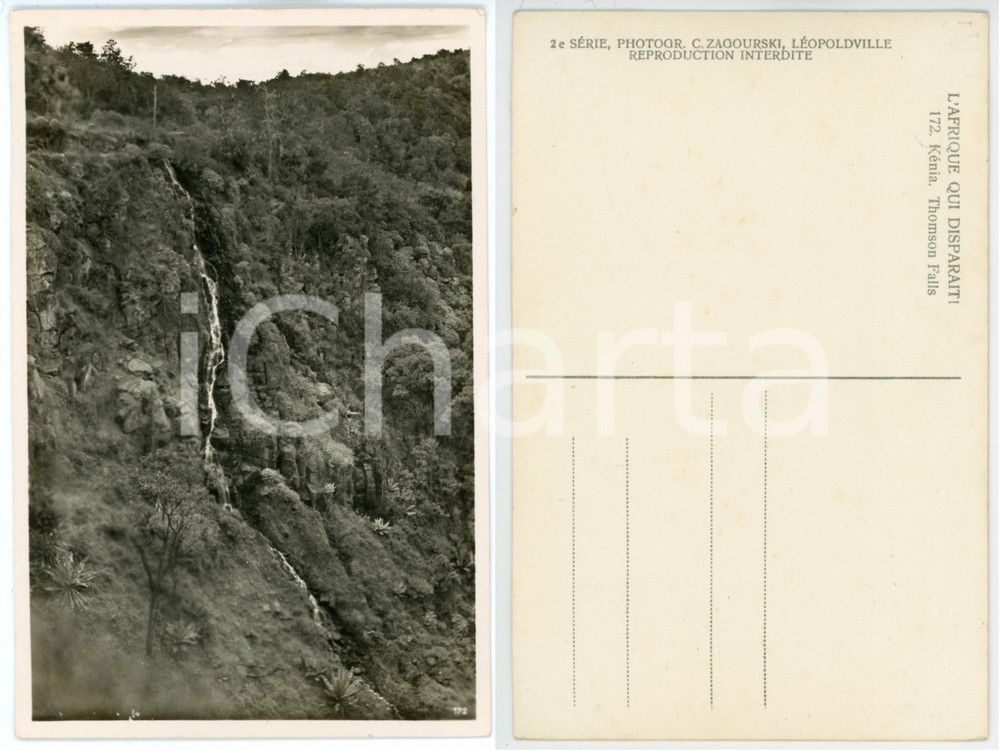 1930 C. ZAGOURSKI «L'Afrique qui disparaît» KENIA Thomson Falls *Postcard 172  Fotocartolina postale d'epoca, appartenente alla 2^serie &laquo;L'Afrique qui dispara&icirc;t&raquo; del fotografo Casimir Zagourski (L&eacute;opoldville).N&deg;172, non viaggiata.CONDIZIONI: GFORMATO: 9x14 cm     originale e autentica 1