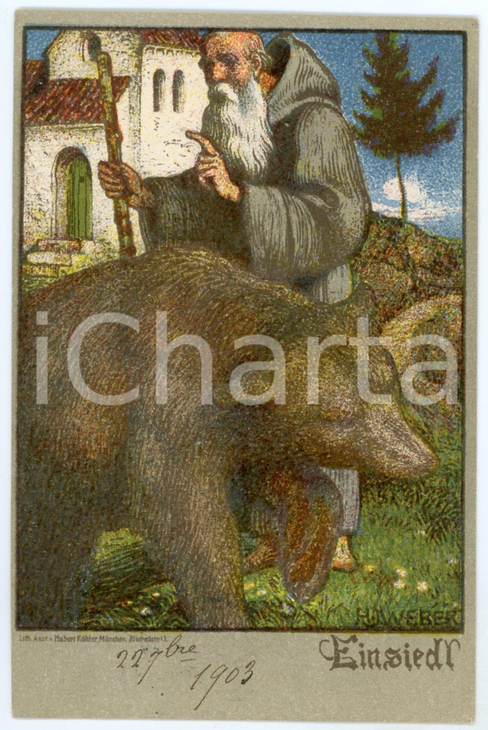 1903 Artist H. J WEBER Einsiedl - Monk and bear ILLUSTRATED Postcard FP VG  Cartolina postale d'epoca, viaggiata. GOOD/buono  Formato: FP originale e autentica 1
