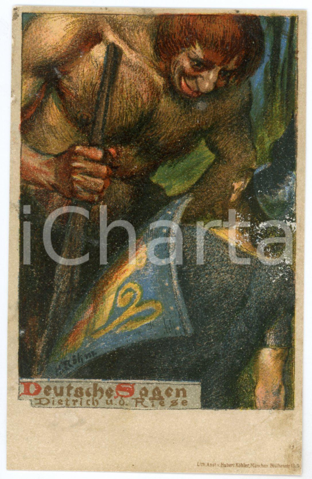 1900 ca DEUTSCHE SAGEN Thidrekssaga - Dietrich of Bern und riese - Postcard FP  Cartolina postale d'epoca, non viaggiata. POOR/danneggiato Lievi abrasione e macchia al recto. Formato: FP originale e autentica 1
