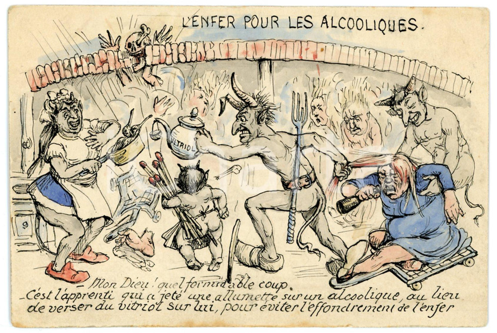 1950 ca FRANCE L'Enfer pour les alcooliques - Hand made postcard Cartolina postale d'epoca, realizzata a mano, non viaggiata.CONDIZIONI: GFORMATO: 14x9 cm    originale e autentica 1