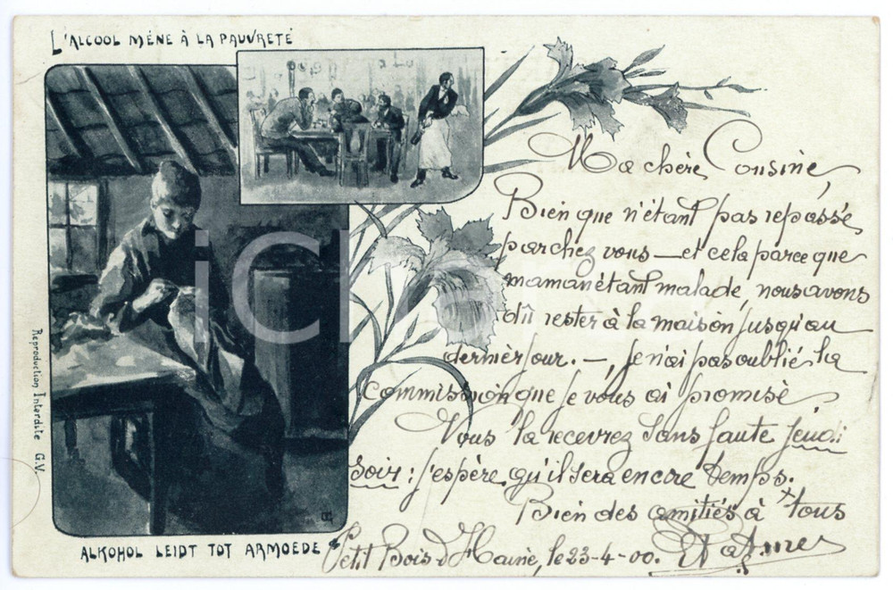 1900 BELGIQUE - ALCOOLISME - L'alcool mène à la pauvreté - Carte postale Cartolina postale d'epoca, viaggiata.CONDIZIONI: GFORMATO: 14x9 cm    originale e autentica 1