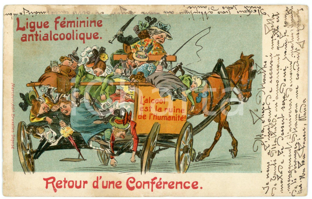 Cartolina originale da collezione 1906 BELGIQUE Ligue fÃ©minine antialcoolique  Retour d une confÃ©rence Postcard 1
