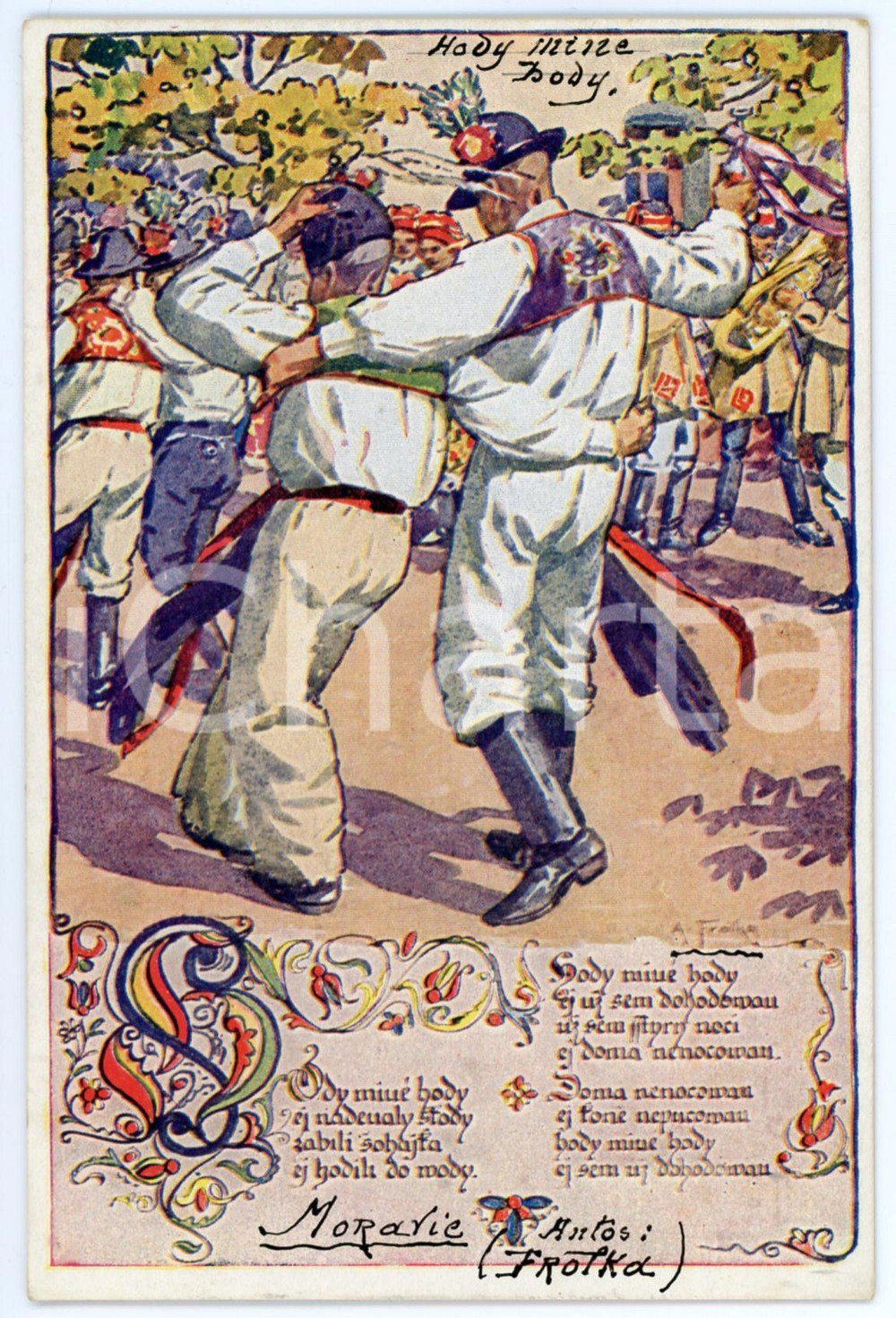 1920 ca MORAVIA Artist Antoš FROLKA - Slovacke Pisne - Hody, miue hody *Postcard  Cartolina postale d'epoca, non viaggiata.CONDIZIONI: G (minima sbrecciatura marginale)FORMATO: FP    originale e autentica 1