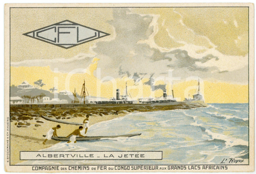 1910 ca CFL Cie CHEMINS DE FER du CONGO aux Grands Lacs - Postcard L. NOROY  Cartolina postale d'epoca, non viaggiata, opera dell'illustratore Louis Royon (che si firma "L. Noroy").Immagine di "Albertville - La Jet&eacute;e al recto".CONDIZIONI: GFORMATO: 14x9,5 cm    originale e autentica 1