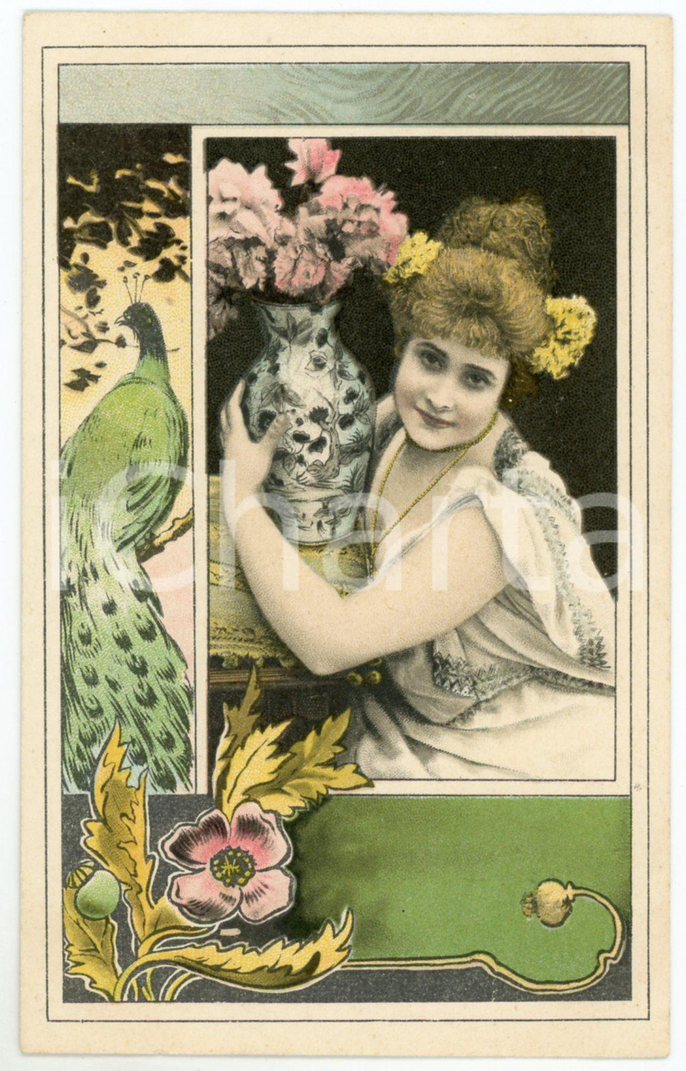 1900 ca ART NOUVEAU Lady with vase and peacock - Postcard  Cartolina postale d'epoca, non viaggiata.CONDIZIONI: GFORMATO: FP    originale e autentica 1