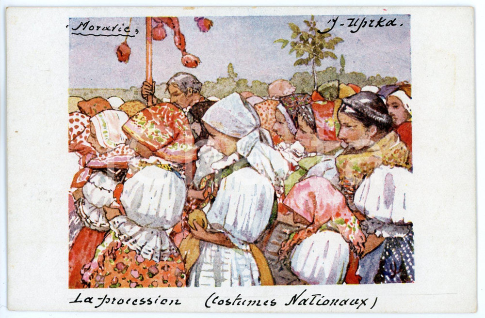 1910 ca MORAVIA / CZECH REPUBLIC Artist Joža UPRKA - Procession *Postcard  Cartolina postale d'epoca, illustrata, non viaggiata.CONDIZIONI: GFORMATO: FP    originale e autentica 1
