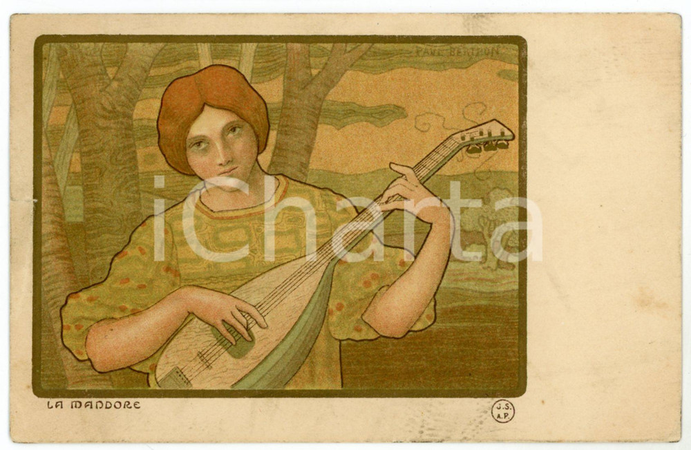 1900 ca ART NOUVEAU Artist Paul BERTHON - La Mandore - Lady - Postcard  Cartolina postale d'epoca, non viaggiata. POOR/danneggiato piegatura evidente al lato sinistro; lievi macchie Formato: 14x9 cm originale e autentica 1