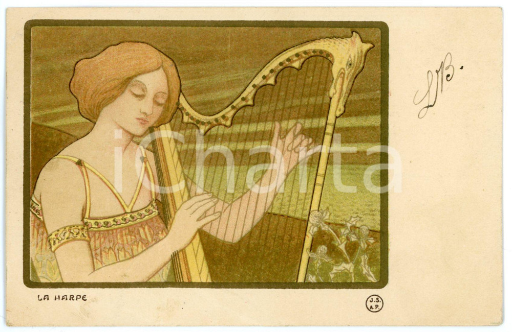 1900 ca ART NOUVEAU Artist Paul BERTHON - La Harpe - Lady - Postcard  Cartolina postale d'epoca, viaggiata. FAIR/discreto piegatura angolare e al lato inferiore; macchia di inchiostro al verso Formato: 14x9 cm originale e autentica 1